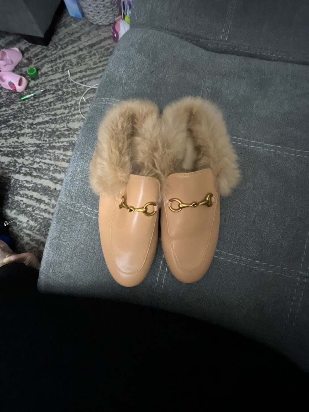 Women's Faux Fur Lined Horsebit Flat Mules in Beige